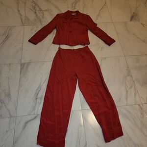 100% SILK SUIT JACKET PANTS Maggy London Red Pantsuit Set
